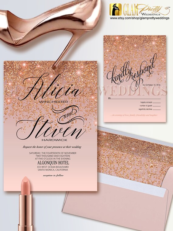 Rose Gold Glitter Wedding Invitation & RSVP card Glam Gold