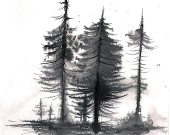 Forest painting 8x12in, A4 on PAPER -black and white fir painting 1
