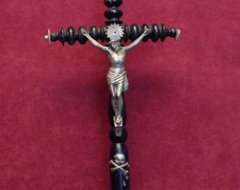 Antique French religious silvered and wood pectoral altar crucifix cross with skull and cross bones IHS