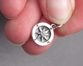 Sterling Silver Compass Charm, Sterling Silver Compass Pendant, Bracelet Charm, Nautical Charm, Necklace Pendant with Jump Ring