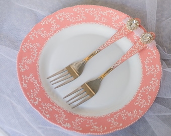 Dish for Wedding Cake Two Forks Coral Wedding Dish Forks Vintage Wedding Cake Dish Shabby Chic Wedding Coral Cake Dish Forks Wedding Cake