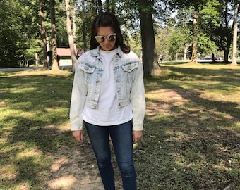Vintage 80s Acid Washed Lace & Bedazzled Denim Jean jacket by Extra Blues