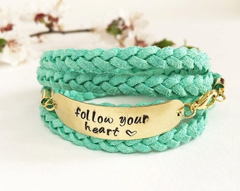 Suivez votre bracelet coeur bracelet Affirmation menthe et or multi couches bracelet bijoux citation motivation fabriquées à la main