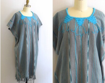 Guatemalan Huipil Dress/ Ethnic Woven Dress/ Aqua & Gray Embroidered Dress/ Womens Size Small Medium Large