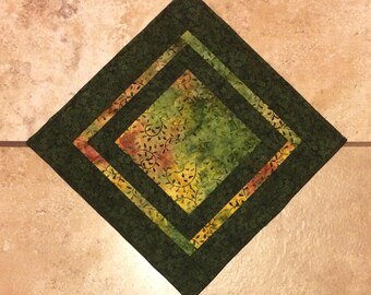 Green table topper, batik table topper, batik table mat, quilted table topper, green batik table runner, square table topper