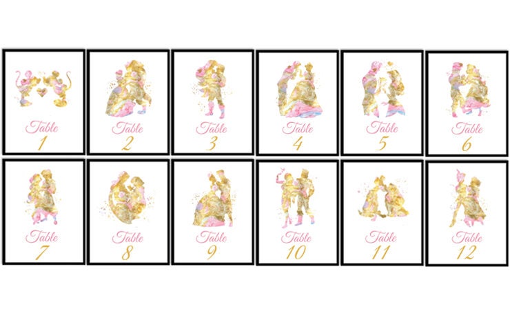 disney wedding table numbers set of 12 prints disney couple