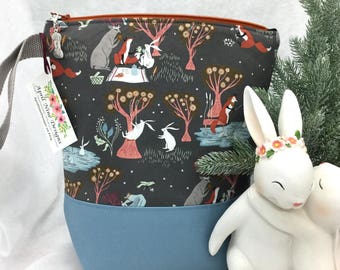 Whimsical Forest Animals Knitting Bag, Knitting Project Bag, CrochetBag, Sock Bag