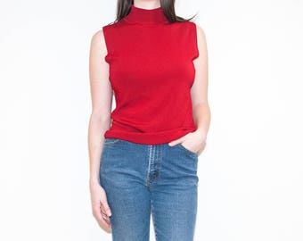 on sale - 90s dark red sleeveless turtleneck / stretchy mock neck knit top / size L