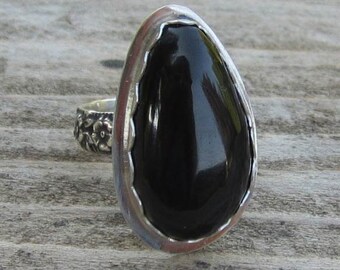 Native American Inspired Obsidian Sterling Silver Ring - Size 8-1/4