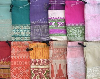Recycled Sari Drawstring Gift Bags, 12 ~ 4 x 3" Fabric Gift Bags, Multi Colored Gift Bags, Bohemian Gift Bags, Handcrafted Bags MS-034-25