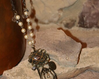 Vintage brass and faux pearl necklace
