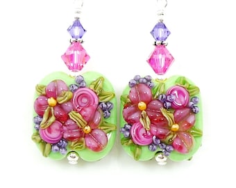 Pink Purple Green Earrings, Floral Earrings, Colorful Earrings, Lampwork Earrings, Glass Earrings, Glass Bead Earrings, Flower Earrings