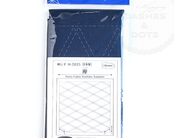 Sashiko Pre-Printed Sampler, Hana-Fukin Sashiko Sampler; "Tasuki"/Diagonal Grid Sashiko Sampler; by Olympus, made in Japan