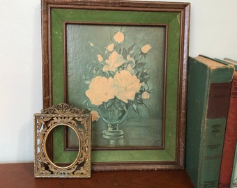 Vintage Floral Picture || Baroque Italian Ornate Frame || Floral Print Antique || Shabby Chic || Hollywood Regency || O