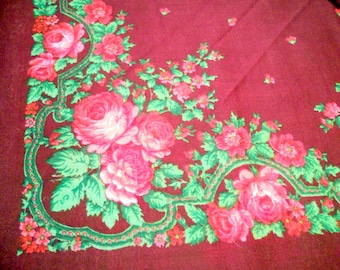 Soviet vintage Russian woolen shawl Retro shawl with flowers Head scarf Folk shawl Floral design in style of 80-s