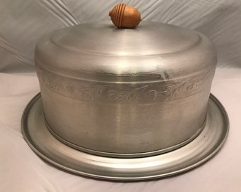 West Bend Aluminum Company Cake Carrier / Cake Saver with Wooden Acorn Handle - Leaves and Acorn Design - Vintage - 13" Across x 6" Tall