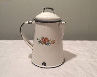 Vintage Enamelware Coffee Pot with Floral Graphics - French Country Style Enamelware