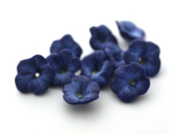 Navy Blue Flowers, Flower Beads, Polymer Clay Beads 10 pieces