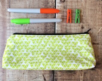Handmade pencil case - zipper pouch - gadget bag - using lime green fabric with triangle design