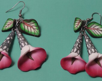 Polymer Clay Earrings Purple Calla Lily with Leaves