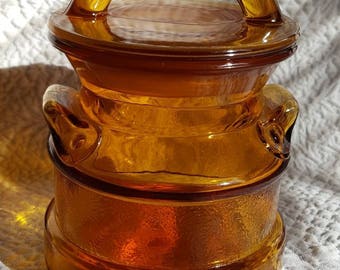Small 5 1/2" L.E.SMITH Amber Glass Canister in Milk Can Design