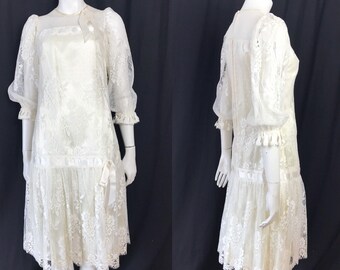 Romantic lace 1970s 20s style drop waisted dress