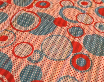Vintage Mid Century Circle Polka Dot Print Fabric - 1950's-1970's - Cotton - Cotton Blend - Light Weight - 36"Lx44"W - White Red Blue