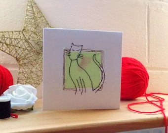 Cat Birthday Card, Stitched Card, Greetings card Blank Card, Note Card