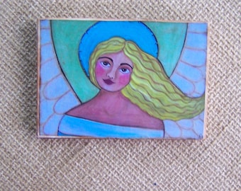 Angel Painting print Woodblock Print encaustic 3.5" x 5"