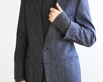 Blue Herringbone Wool Dress Jacket black