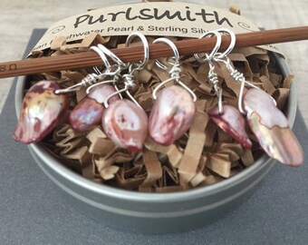 Plum Speckle Baroque Freshwater Pearl & Sterling Silver Stitch Markers for Knitting,Set of 6,Knitting Notions, Gift for Knit