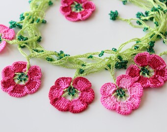 Pink flower necklace, Cherry Blossom Necklace, Lariat Jewelry, Beaded necklace, Flower jewelry