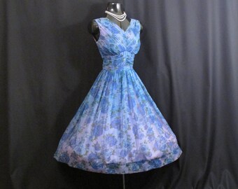 Vintage 1950's 50s Blue Green Ruched Impressionist Watercolor Floral Print Chiffon Organza Party Prom Wedding Dress Gown
