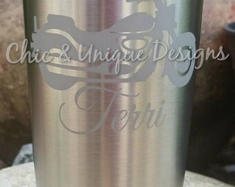 Yeti Rambler 20 oz, etched with Harley Motorcycle with name. Can be etched on 30 oz also, see description for details.