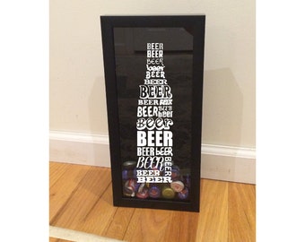 Bottle Cap Holder Shadow Box - Beer Typography - Font Types Design - Black (6" x 14") - Vinyl Decal Gifts, Home Bar Accessories