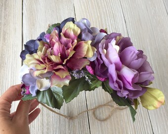 Purple Floral Crown with Wired Twine and Tieback Organic Boho - Maternity, Wedding, Bridal, Child Photo Prop - Ready to Ship