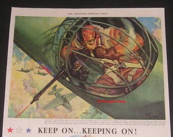 1941 WWII Aircraft Machine Gunner, Vintage Print Ad, Bibb Manufacturing Co, World War II Military Aviation Art