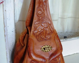 Vintage Leather Hand Tooled Handbag Purse Satchel