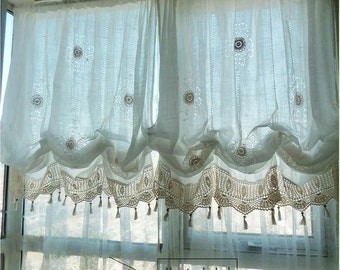 Sale: Shabby Chic Drawnwork Balloon Curtain, Pull-up Curtain, Crochet Lace Trim, French Pinch Pleat Drape, Drapery R002