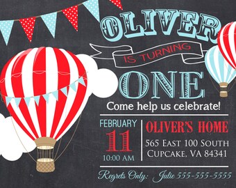 Hot Air Balloon Birthday Party Invitation -5x7 or 4x6 - Blue and Red Balloon Birthday Invitation