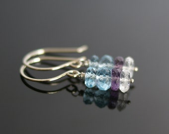 Swiss Blue topaz earrings, natural crystal earrings, amethyst earrings, Swiss Blue topaz gift, amethyst jewelry, December birthstone