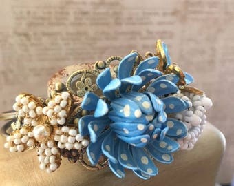 Statement Cuff Bracelet, Handmade, Repurposed, Upcycled, Assemblage Blue and White Cuff Bracelet