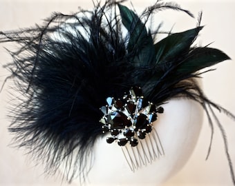 Black Feather Fascinator,Black Bridal Fascinator,Black Crystal Fascinator,Black Feather Hair Piece,Black Feather Hair Comb,Evening Hair Comb