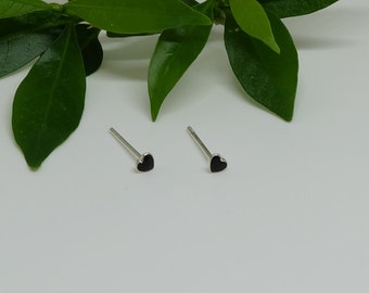 Tiny Black Heart Stud Sterling Silver Earrings, Basic Minimal Earrings, Tiny Jewelry, Geometric , 3D Shaped Earrings