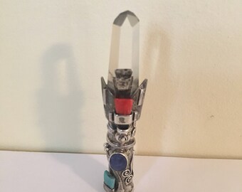 Beautiful artisan, handmade small clear crystal quartz point tower on 925 sterling silver totem, stones, good energies