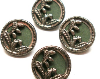 4 Antique BUTTONS, Art Nouveau flowers in green, 9/16", unused.