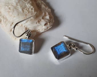 Labradorite earrings; square, solid 92.5 sterling silver