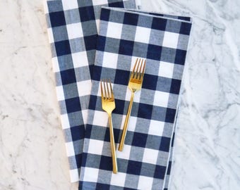 Cloth Dinner Napkin, Cotton Napkins, Navy Blue Gingham Cloth Napkins, Farmhouse Napkins, Everyday Cloth Napkins Blue and White Cloth Napkins