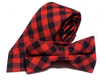 Red Black Plaid Buffalo Check Necktie, Bow Tie or Pocket Square Buffalo Plaid Necktie Lumberjack Tie Red Black Check Tie Groomsman Wedding