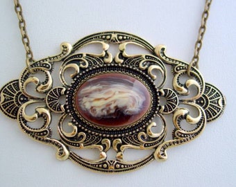 Empress Chocolate Latte Split Chain Antique Bronze Necklace Open Filigree Setting Artisan Made